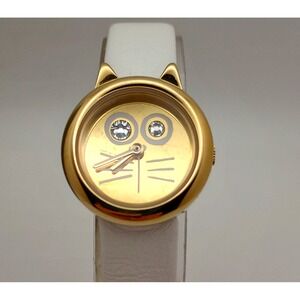 Marc by Marc Jacobs Cat Face Watch Gold Tone White Leather 22.5mm New Battery